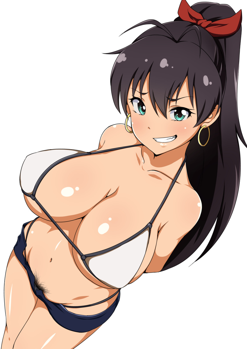 absurdres alternate_breast_size antenna_hair aqua_eyes arms_behind_back artist_name bikini bikini_top black_hair breasts clenched_teeth collarbone commentary_request earrings ganaha_hibiki hair_ribbon high_ponytail highres hoop_earrings idolmaster idolmaster_(classic) jabara_tornado jewelry large_breasts looking_at_viewer navel ponytail pubic_hair red_ribbon ribbon shorts simple_background smile solo standing swimsuit teeth white_background