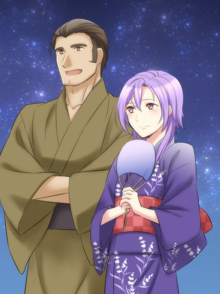 alternate_costume brown_eyes brown_hair crossed_arms fan fire_emblem fire_emblem_echoes:_mou_hitori_no_eiyuuou highres japanese_clothes kakiko210 kimono leo_(fire_emblem) long_hair male_focus multiple_boys night night_sky open_mouth purple_eyes purple_hair sky star_(sky) valbar_(fire_emblem) yaoi