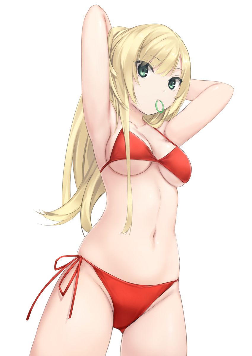 armpits arms_behind_head arms_up bangs bikini blonde_hair blush breasts check_copyright cleavage closed_mouth coffee-kizoku commentary_request copyright_request cowboy_shot eyebrows_visible_through_hair from_below green_eyes groin hair_tie highres kimi_shini_tamou_ryuuseigun long_hair looking_at_viewer looking_down medium_breasts morita_imari mouth_hold navel red_bikini red_ribbon ribbon side-tie_bikini simple_background solo stomach string_bikini swimsuit thighs tying_hair underboob white_background