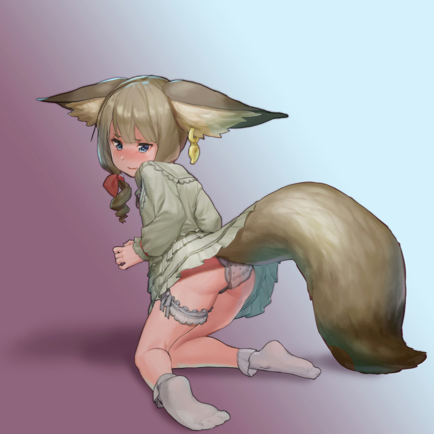 animal_ears ass blade_&amp;_soul blue_eyes blush brown_hair commentary_request fox_ears fox_tail from_behind garter_straps grey_shirt grey_skirt highres jewelry kneeling kneepits knees_together_feet_apart korean_commentary legs long_hair looking_back low_twintails lyn_(blade_&amp;_soul) panties ribbon shirt single_earring skirt skirt_lift socks solo star star-shaped_pupils symbol-shaped_pupils tail twintails underwear white_footwear white_panties yangnyeom_gejang