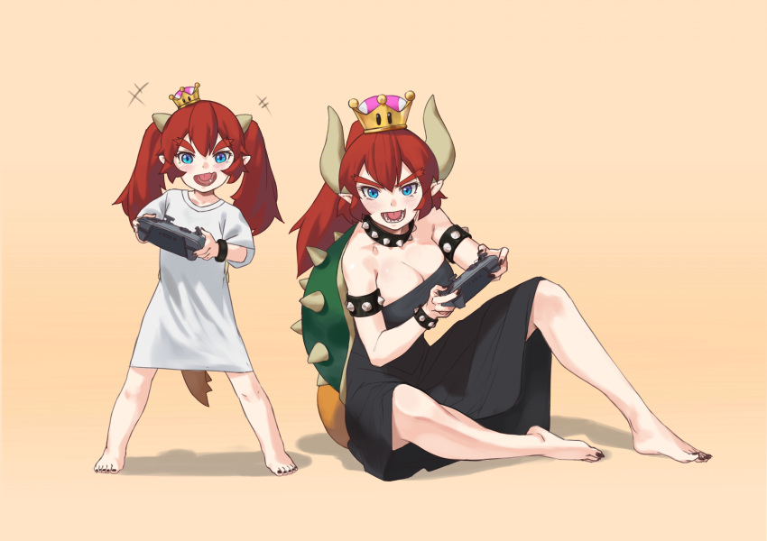 :d armlet bare_shoulders barefoot black_dress black_nails blue_eyes bowsette bowsette_jr. bracelet breasts cleavage collar commentary_request controller crown dress eyebrows feet full_body game_controller gamepad highres horns jewelry kndy large_breasts long_hair mario_(series) mother_and_daughter multiple_girls nail_polish new_super_mario_bros._u_deluxe nintendo_switch open_mouth playing_games pointy_ears ponytail red_hair sharp_teeth shirt simple_background sitting smile spiked_bracelet spiked_collar spikes standing strapless strapless_dress super_crown t-shirt tail teeth toenail_polish toes turtle_shell twintails v-shaped_eyebrows white_shirt wireless