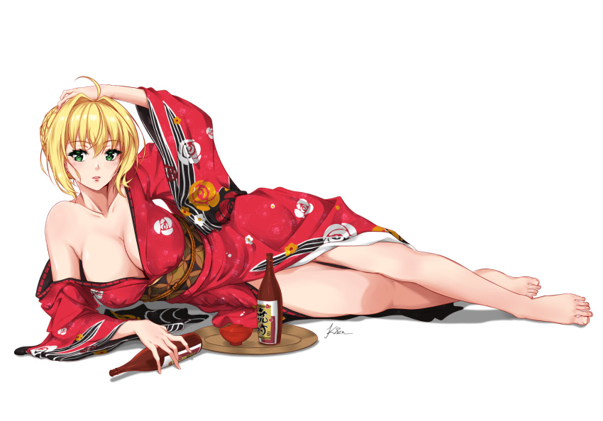 ahoge barefoot blonde_hair braid breasts commentary eyebrows_visible_through_hair fate/extra fate/grand_order fate_(series) french_braid green_eyes hand_on_own_head japanese_clothes kimono kizuchi_r large_breasts lying nero_claudius_(fate) nero_claudius_(fate)_(all) on_side sash short_hair signature simple_background solo white_background