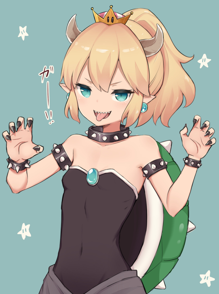 :d bangs bare_shoulders black_dress black_nails blonde_hair blue_background blush bowsette bracelet breasts claw_pose collar commentary coraman covered_navel crown dress earrings fingernails gao green_eyes hair_between_eyes hands_up high_ponytail highres horns jewelry mario_(series) mini_crown nail_polish new_super_mario_bros._u_deluxe open_mouth pointy_ears ponytail sharp_teeth simple_background small_breasts smile solo spiked_bracelet spiked_collar spiked_shell spikes star strapless strapless_dress super_crown teeth tongue tongue_out turtle_shell v-shaped_eyebrows younger