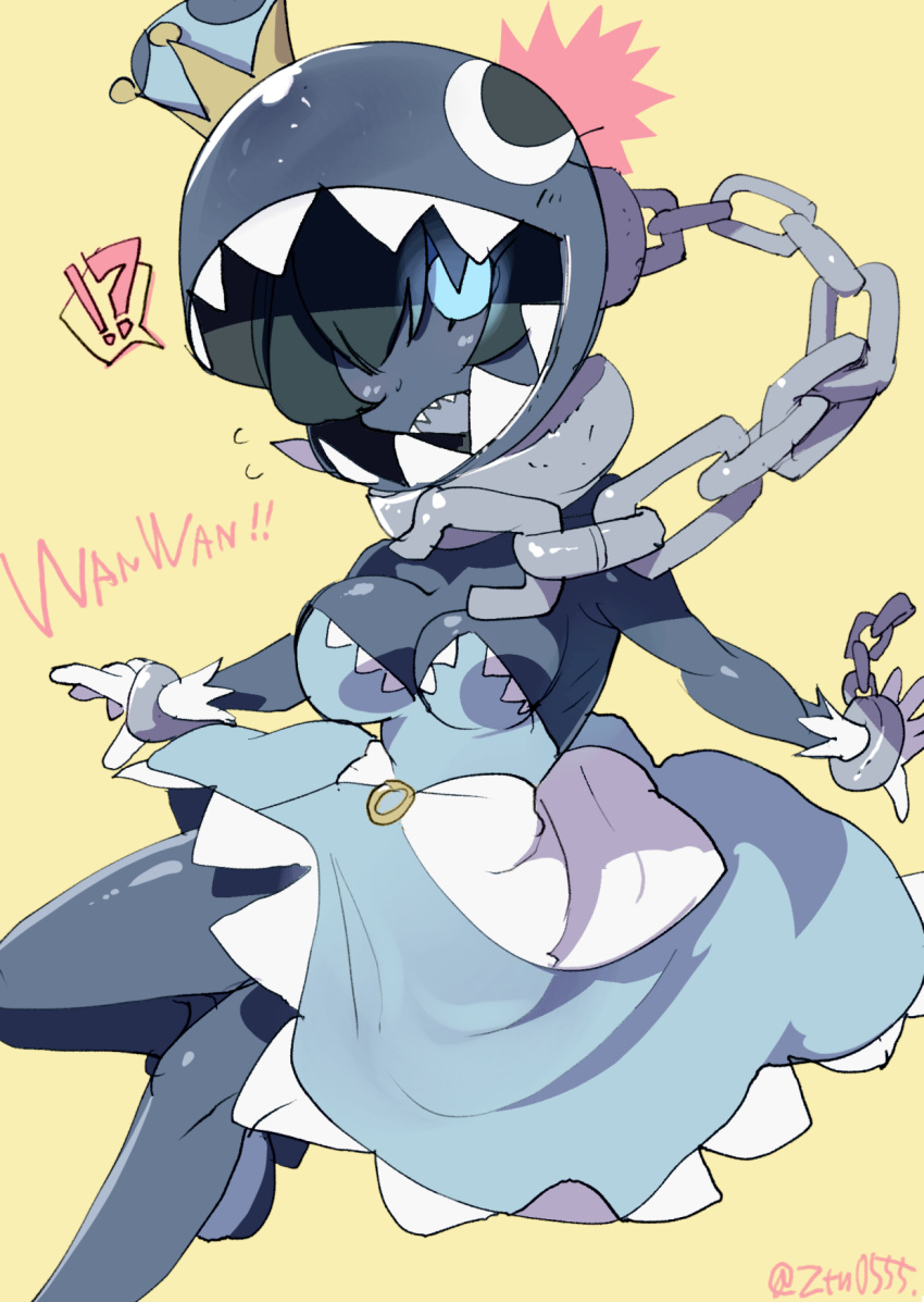 !? 1girl breasts chain_chomp chains collar crown dress female grey_skin mario_(series) monster_girl nintendo no_pupils open_mouth personification solo twitter_username yellow_background ze_(sawakihein)