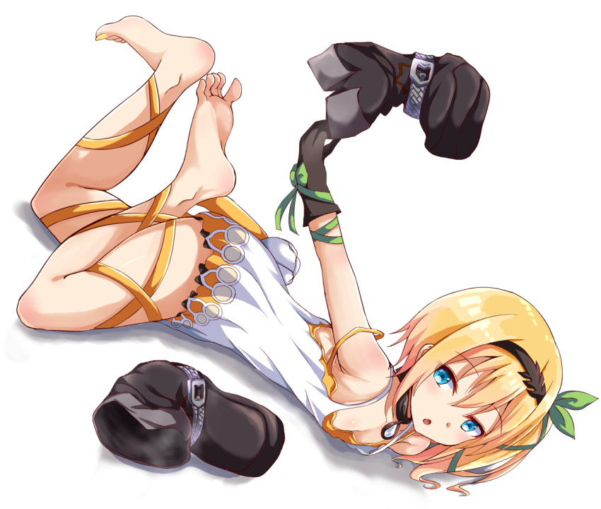 1girl barefoot blonde_hair blue_eyes blush boots edna_(tales) feet hairband leg_ribbon lying on_stomach parted_lips ribbon shoes_removed side_ponytail soles steam strap_slip tales_of_(series) tales_of_zestiria toes
