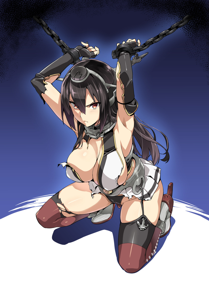 10s 1girl absurdres anchor angry armpits arms_up bdsm black_hair black_panties bondage boots bound breasts cameltoe chain chained chains cleavage closed_mouth cuffs fingerless_gloves full_body garter_straps gloves gradient gradient_background groin hair_between_eyes headgear highres kantai_collection kneeling large_breasts legs legs_apart long_hair looking_at_viewer nagato_(kantai_collection) one_knee panties red_eyes restrained simple_background skirt solo takeda_hiromitsu thigh_boots thighhighs thighs torn_clothes underwear