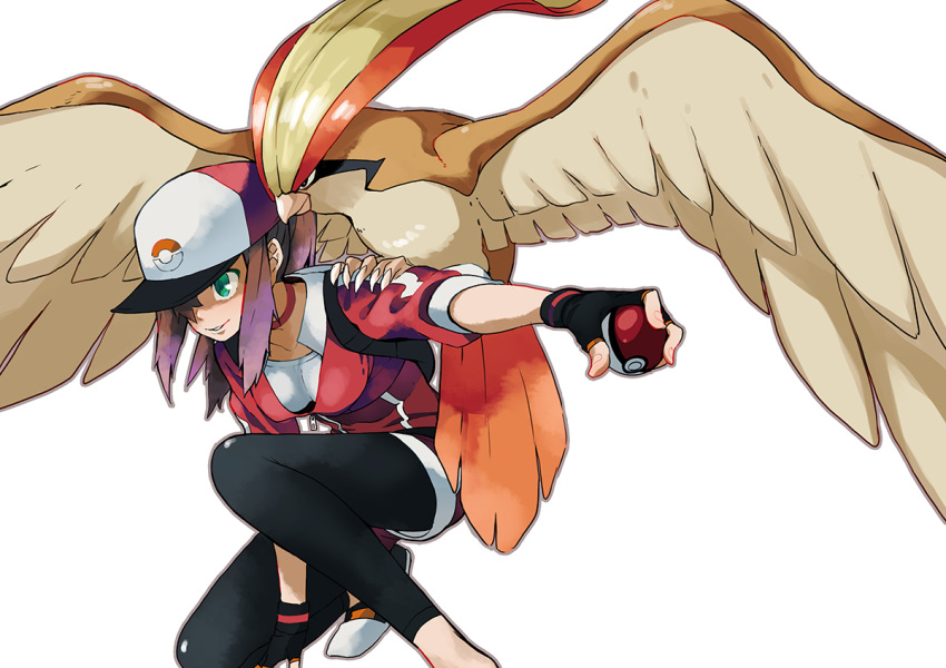 backpack bag baseball_cap beak bird black_gloves black_legwear breasts brown_hair choker claws collarbone commentary_request cropped_jacket doushimasho feathered_wings female_protagonist_(pokemon_go) fingerless_gloves gen_1_pokemon gloves hair_over_one_eye hat head_down holding holding_poke_ball jacket jumpsuit leggings long_hair outstretched_arm pidgeot poke_ball poke_ball_(generic) poke_ball_print pokemon pokemon_(creature) pokemon_go pokemon_on_shoulder ponytail red_choker red_jacket red_jumpsuit serious sidelocks simple_background small_breasts spread_wings squatting white_background wings zipper_pull_tab
