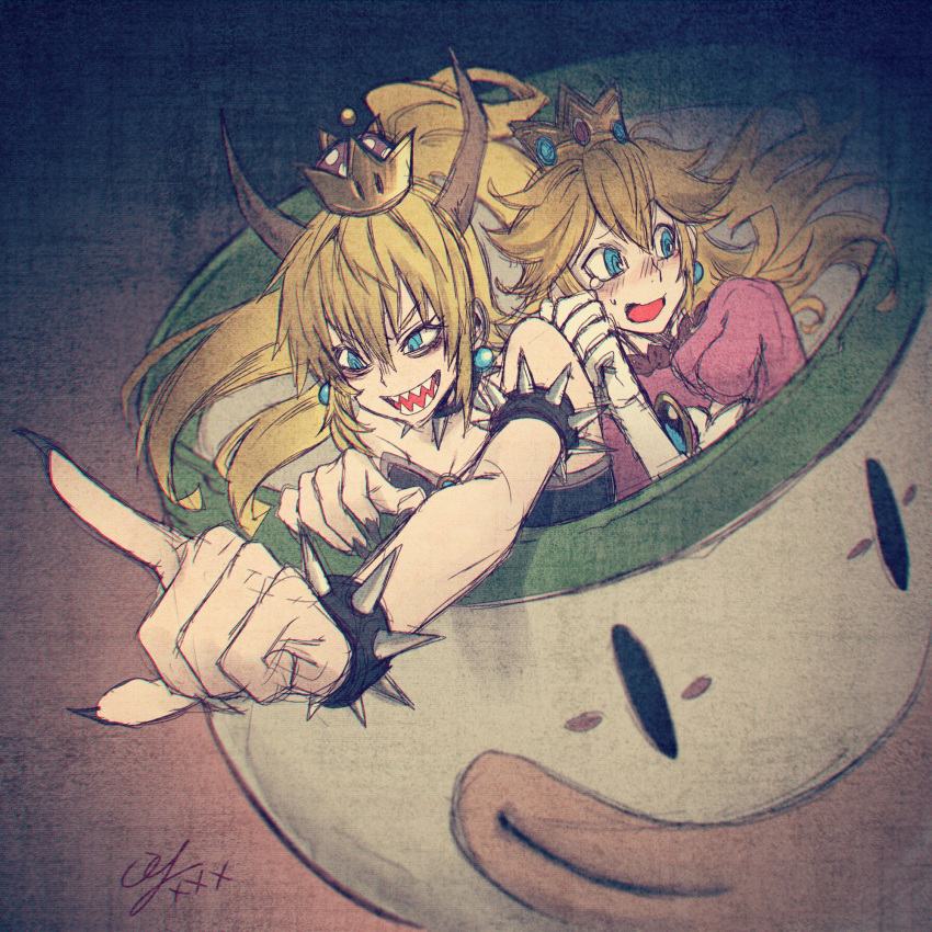 bags_under_eyes bangs black_nails blonde_hair blue_eyes blush bowsette bracelet breasts cleavage collar crazy_eyes crown dress earrings elbow_gloves fingernails gloves grin hand_on_another's_shoulder highres horns jewelry koopa_clown_car long_fingernails long_hair looking_afar mario_(series) multiple_girls nail_polish new_super_mario_bros._u_deluxe open_mouth outstretched_arm pink_dress pointing ponytail princess_peach puffy_short_sleeves puffy_sleeves scared sharp_fingernails sharp_teeth short_sleeves signature sketch smile spiked_armlet spiked_bracelet spiked_collar spikes strapless super_crown tears teeth v-shaped_eyebrows white_gloves yokaze_(xxxdisxxx)