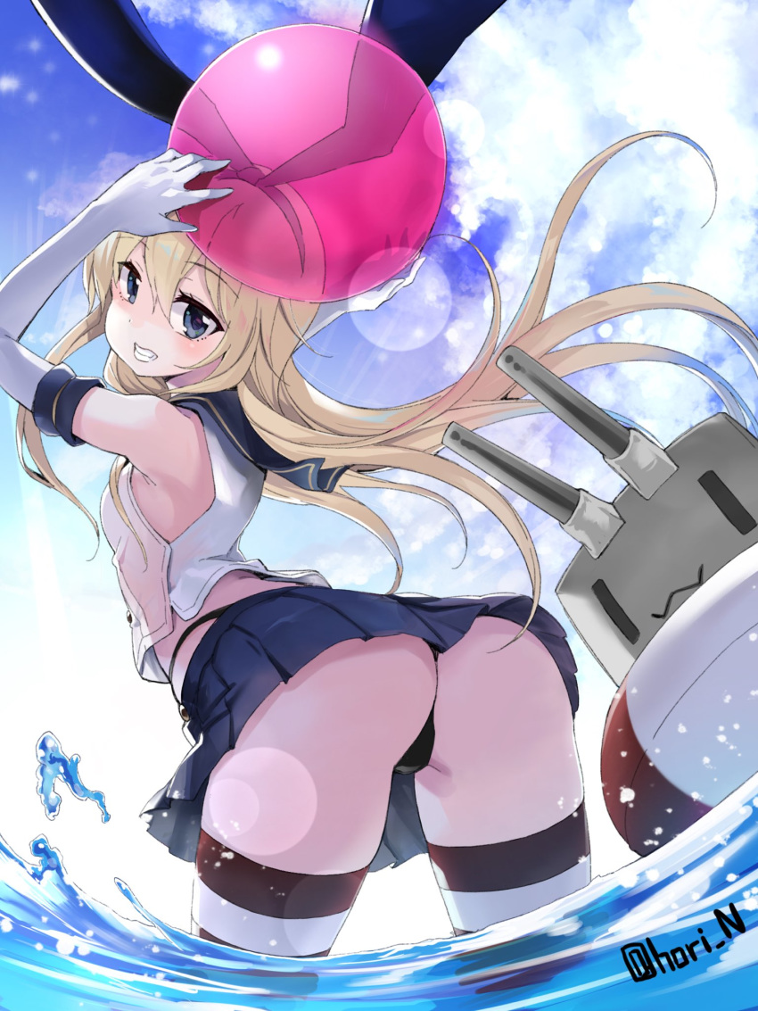 arms_up ass ball bangs beachball black_panties blonde_hair blue_eyes blue_sky blush cloud commentary_request cowboy_shot crop_top day elbow_gloves eyebrows_visible_through_hair from_behind gloves grin hair_between_eyes hairband highres holding holding_ball kantai_collection leaning_forward lens_flare lifebuoy long_hair looking_at_viewer looking_back miniskirt nino_(shira) outdoors panties pleated_skirt rensouhou-chan school_uniform serafuku shimakaze_(kantai_collection) shirt skirt sky sleeveless sleeveless_shirt smile solo standing striped striped_legwear thighhighs twitter_username underwear wading water white_gloves