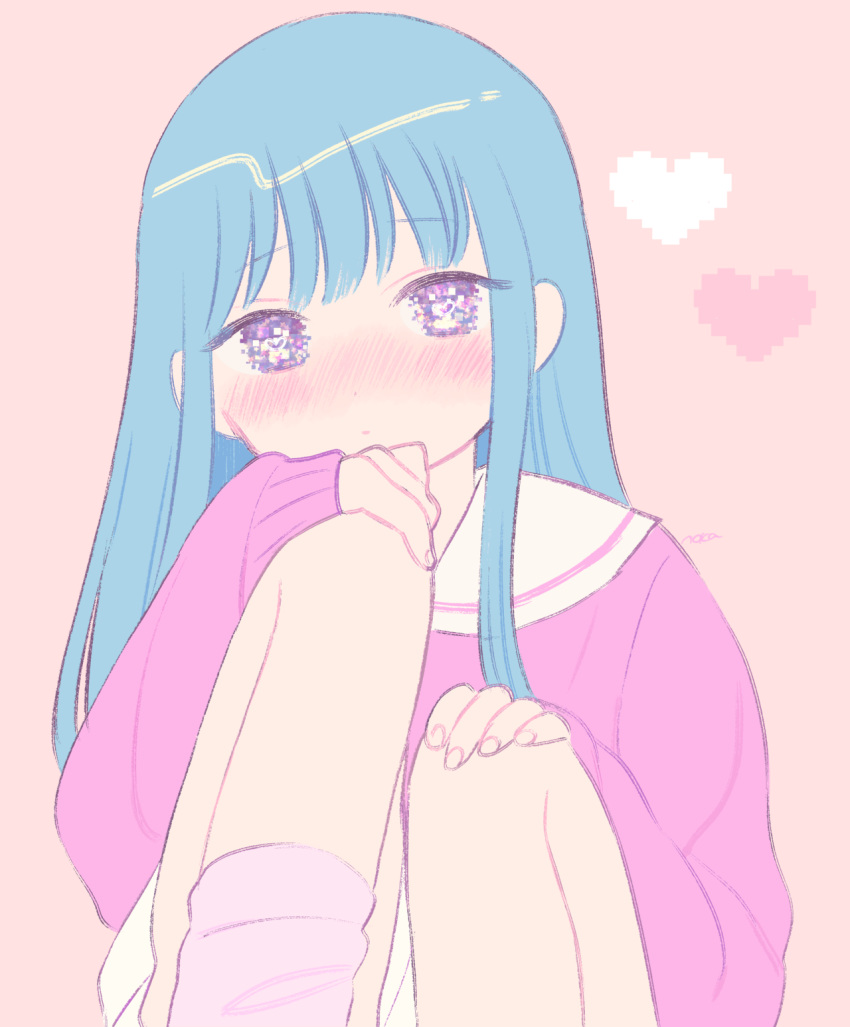 bangs blue_eyes blue_hair blush eyebrows_visible_through_hair heart heart-shaped_pupils highres knees_up long_hair looking_at_viewer multicolored multicolored_eyes nokanok original pink_sweater purple_eyes signature simple_background sitting solo straight_hair sweater symbol-shaped_pupils