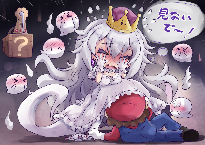 &gt;_&lt; 1girl blue_overalls blush boo breasts brown_hair chibi cleavage closed_eyes clothes_theft commentary_request crown dress earrings embarrassed eyelashes fangs full-face_blush geoduck ghost ghost_tail gloves hat head_under_clothes highres jewelry large_breasts long_hair luigi's_mansion mario mario_(series) new_super_mario_bros._u_deluxe open_mouth overalls panties panties_removed princess_king_boo red_hat red_shirt sekiguchi_miiru shirt super_crown theft translated underwear underwear_theft very_long_hair white_dress white_gloves white_hair