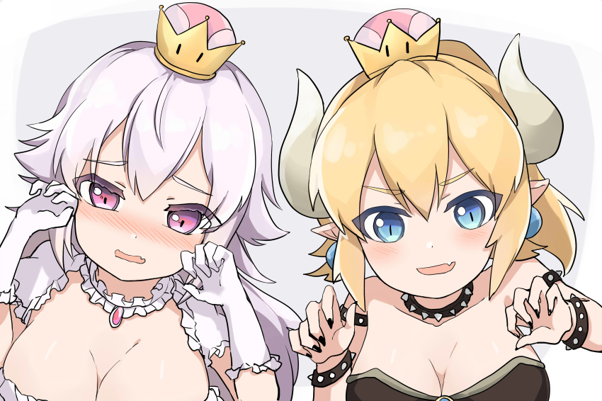 absurdres bangs black_dress black_nails blonde_hair blue_eyes blush bowsette bracelet breasts cleavage collar commentary_request crown dress earrings elbow_gloves eyebrows_visible_through_hair fingernails frilled_gloves frills gloves grey_background hair_between_eyes hands_up highres horns jewelry kiri_sakura large_breasts luigi's_mansion mario_(series) medium_breasts mini_crown multiple_girls nail_polish new_super_mario_bros._u_deluxe nose_blush pink_eyes pointy_ears princess_king_boo puffy_short_sleeves puffy_sleeves short_sleeves silver_hair spiked_bracelet spiked_collar spikes strapless strapless_dress super_crown two-tone_background white_background white_dress white_gloves