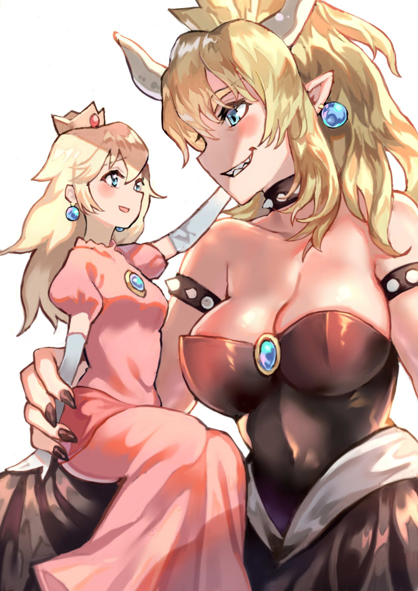 bare_shoulders black_dress black_leotard blonde_hair blue_eyes blush bowsette bracelet breasts collar commentary_request crown denchu_(kazudentyu) dress earrings highres horns jewelry large_breasts leotard mario_(series) multiple_girls new_super_mario_bros._u_deluxe pointy_ears ponytail princess_peach sharp_teeth size_difference spiked_bracelet spiked_collar spikes strapless strapless_dress strapless_leotard super_crown super_mario_bros. teeth yuri