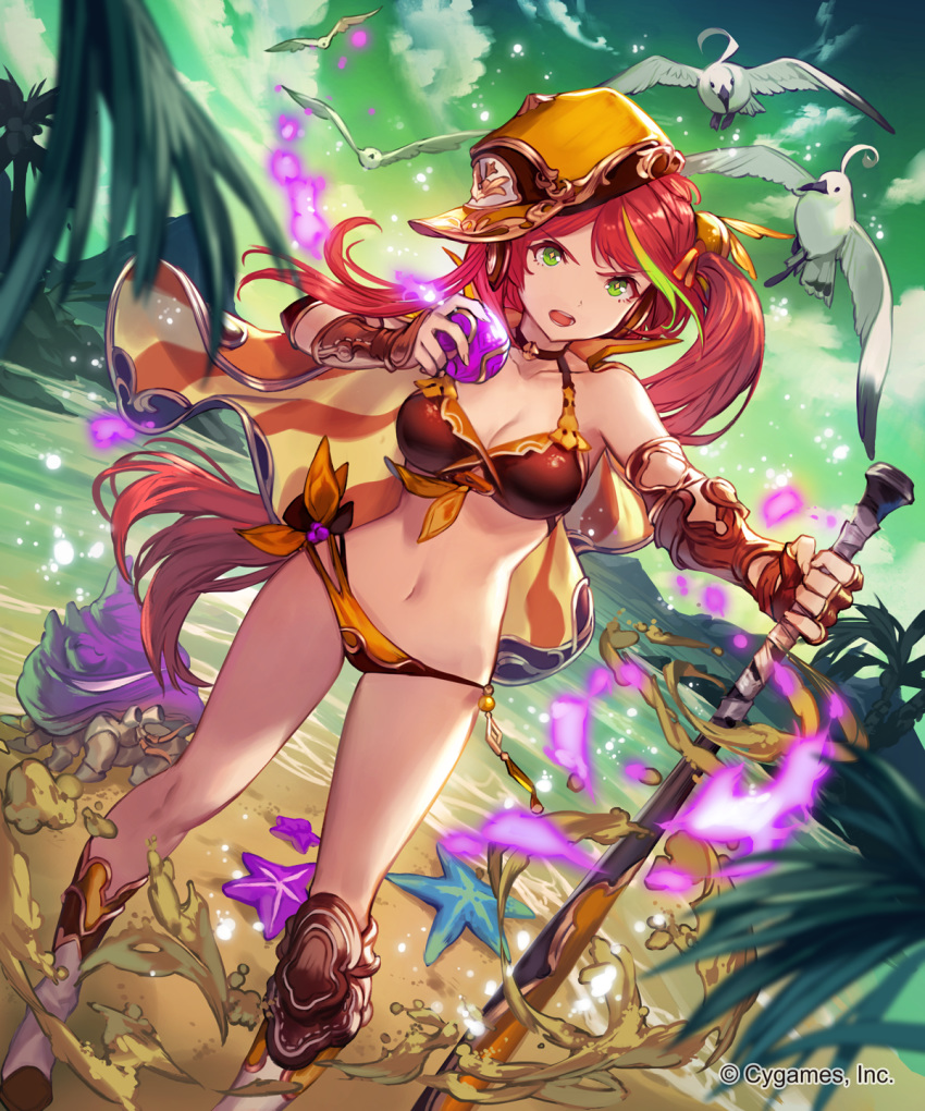animal bare_shoulders baseball baseball_bat baseball_cap beach bikini bird blurry blurry_foreground boots bracer braid breasts brown_bikini cape character_request cleavage cloud cloudy_sky day depth_of_field dutch_angle fire gauntlets green_eyes green_sky hair_between_eyes hand_up hat hermit_crab highres holding large_breasts lee_hyeseung long_hair looking_at_viewer navel ocean official_art open_mouth outdoors oversized_animal red_hair sand seagull shingeki_no_bahamut side-tie_bikini sideways_hat single_braid sky solo standing summer swimsuit very_long_hair watermark yellow_hat
