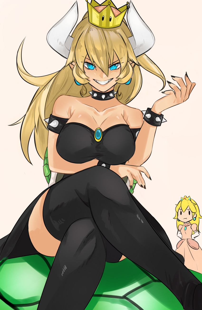 absurdres armlet bare_shoulders black_dress blonde_hair blue_eyes bowsette bracelet breasts collar commentary crown dress highres horns jewelry maichaoko mario_(series) multiple_girls new_super_mario_bros._u_deluxe ponytail princess_peach spiked_bracelet spiked_collar spiked_tail spikes super_crown super_mario_bros. tail turtle_shell