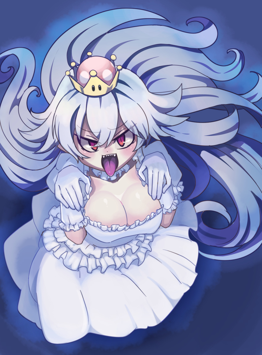:d bangs blush borokuro breasts cleavage crown dress eyes_visible_through_hair ghost_pose gloves hair_between_eyes highres large_breasts long_hair looking_at_viewer luigi's_mansion mario_(series) new_super_mario_bros._u_deluxe open_mouth princess_king_boo red_eyes sharp_teeth smile solo super_crown super_mario_bros. teeth tongue tongue_out v-shaped_eyebrows very_long_hair white_dress white_gloves white_hair