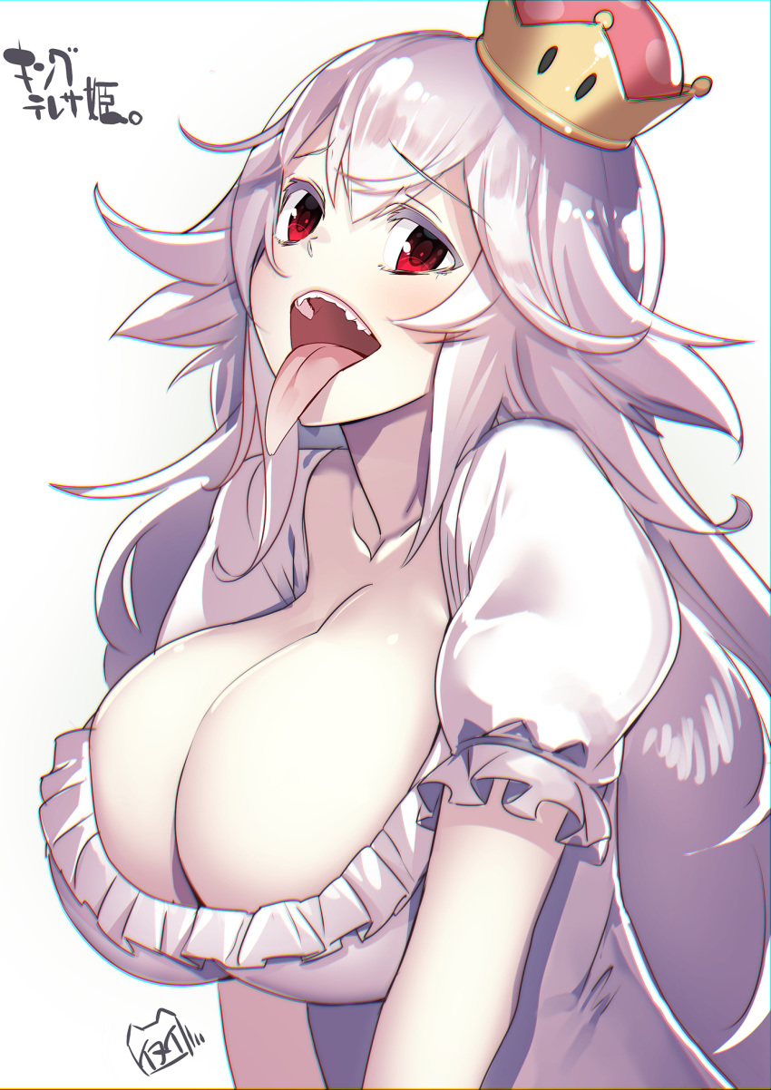 artist_name blush breasts cleavage collarbone commentary_request crown dress eyebrows_visible_through_hair frilled_dress frilled_sleeves frills hair_between_eyes highres large_breasts long_hair long_tongue looking_at_viewer luigi's_mansion mario_(series) md5_mismatch new_super_mario_bros._u_deluxe open_mouth princess_king_boo puffy_short_sleeves puffy_sleeves red_eyes sharp_teeth short_sleeves simple_background solo super_crown teeth tilted_headwear tongue tongue_out upper_body very_long_hair white_background white_dress white_hair yamacchi