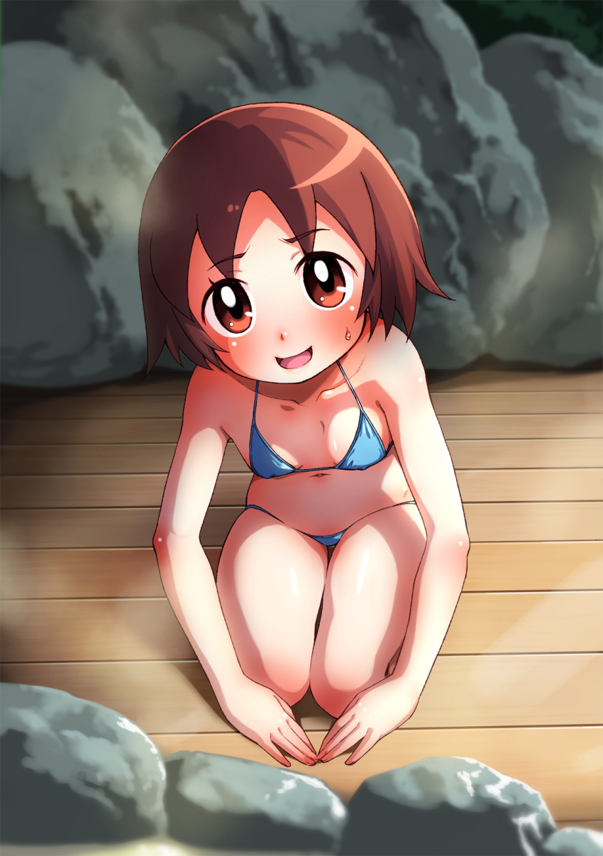 1girl bare_arms bare_shoulders blush breasts brown_eyes brown_hair character_request collarbone eyebrows_visible_through_hair female looking_at_viewer open_mouth rocks small_breasts solo sweat wakaokami_wa_shougakusei wooden_floor