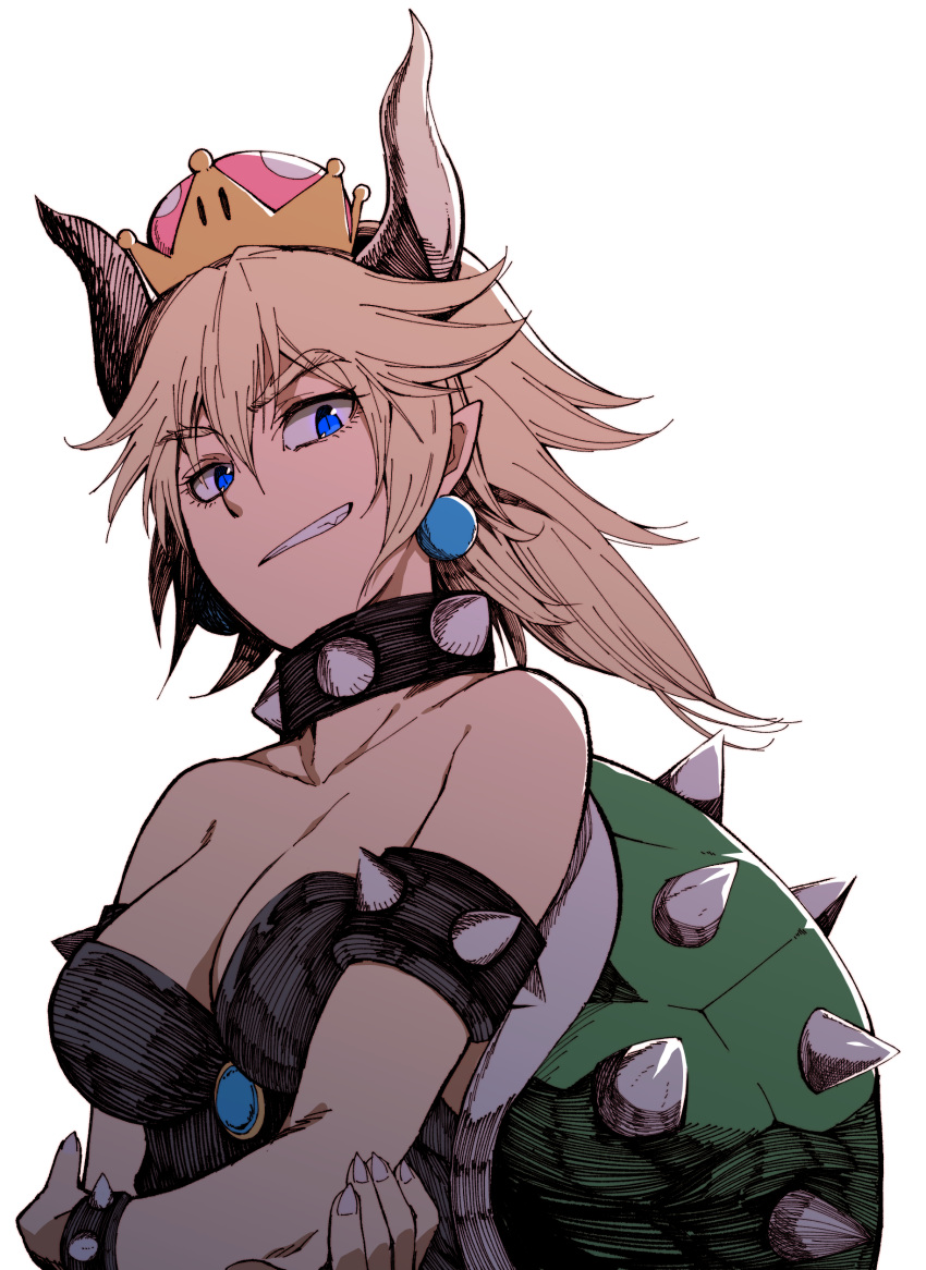 absurdres bare_shoulders black_dress blonde_hair blue_eyes bowsette bracelet breasts cleavage collar collarbone crown dress earrings eyebrows_visible_through_hair helping-hand highres horns jewelry mario_(series) new_super_mario_bros._u_deluxe pointy_ears ponytail shell simple_background smirk solo spiked_armlet spiked_bracelet spiked_collar spikes strapless strapless_dress super_crown thick_eyebrows upper_body white_background