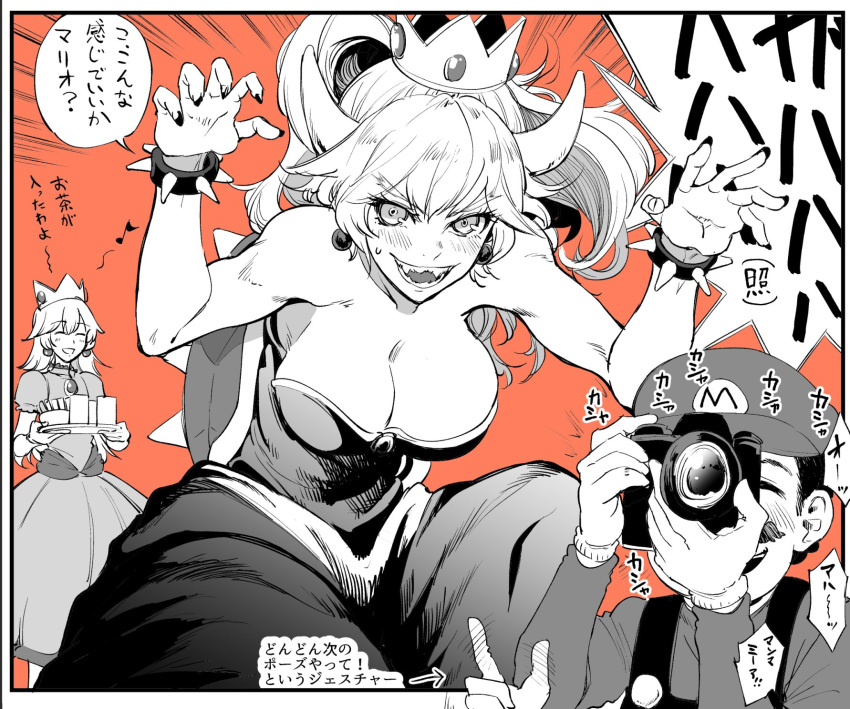 2girls black_dress bonkara_(sokuseki_maou) bowsette bracelet breasts camera claw_pose collar commentary_request crown dress highres jewelry large_breasts mario mario_(series) multiple_girls new_super_mario_bros._u_deluxe ponytail princess_peach sharp_teeth spiked_bracelet spiked_collar spikes strapless strapless_dress super_crown teeth translation_request