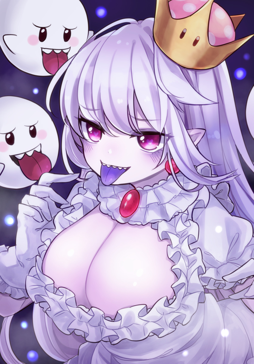 bangs blush boo breasts brooch cleavage crown dress earrings eyebrows_visible_through_hair ghost gloves heart heart-shaped_pupils highres jewelry long_hair looking_at_viewer luigi's_mansion mario_(series) new_super_mario_bros._u_deluxe pink_eyes pointy_ears princess_king_boo puffy_short_sleeves puffy_sleeves purple_background purple_tongue red_earrings short_sleeves soramame_pikuto super_crown symbol-shaped_pupils teeth tongue tongue_out white_dress white_gloves white_hair