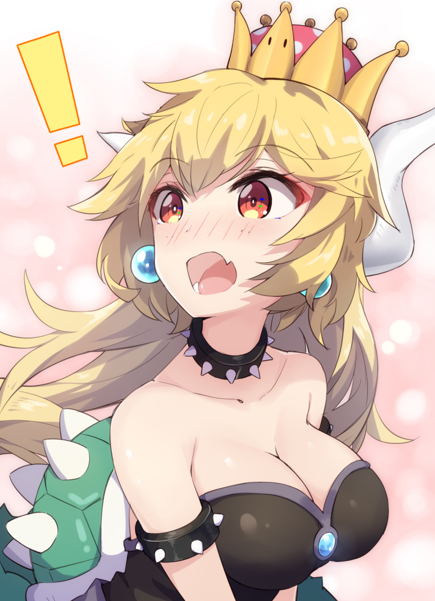 bare_shoulders blonde_hair blue_earrings blush bowsette breasts cleavage collar collarbone commentary_request crown earrings fang freckles highres horns jewelry large_breasts looking_to_the_side mario_(series) new_super_mario_bros._u_deluxe open_mouth red_eyes shell spiked_armlet spiked_collar spiked_shell spikes super_crown super_mario_bros. upper_body zhayin-san