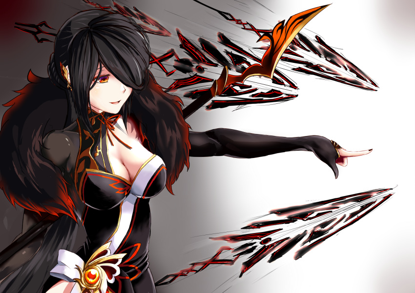 1girl ara_han bangs black_dress black_gloves black_hair black_nails breasts cleavage devi_(elsword) dress elsword eyebrows fur_trim gloves hair_ornament hair_over_one_eye highres jewelry long_hair looking_to_the_side nail_polish open_mouth pointing polearm projectile red_eyes red_ribbon ribbon sleeved_gloves smile spear weapon