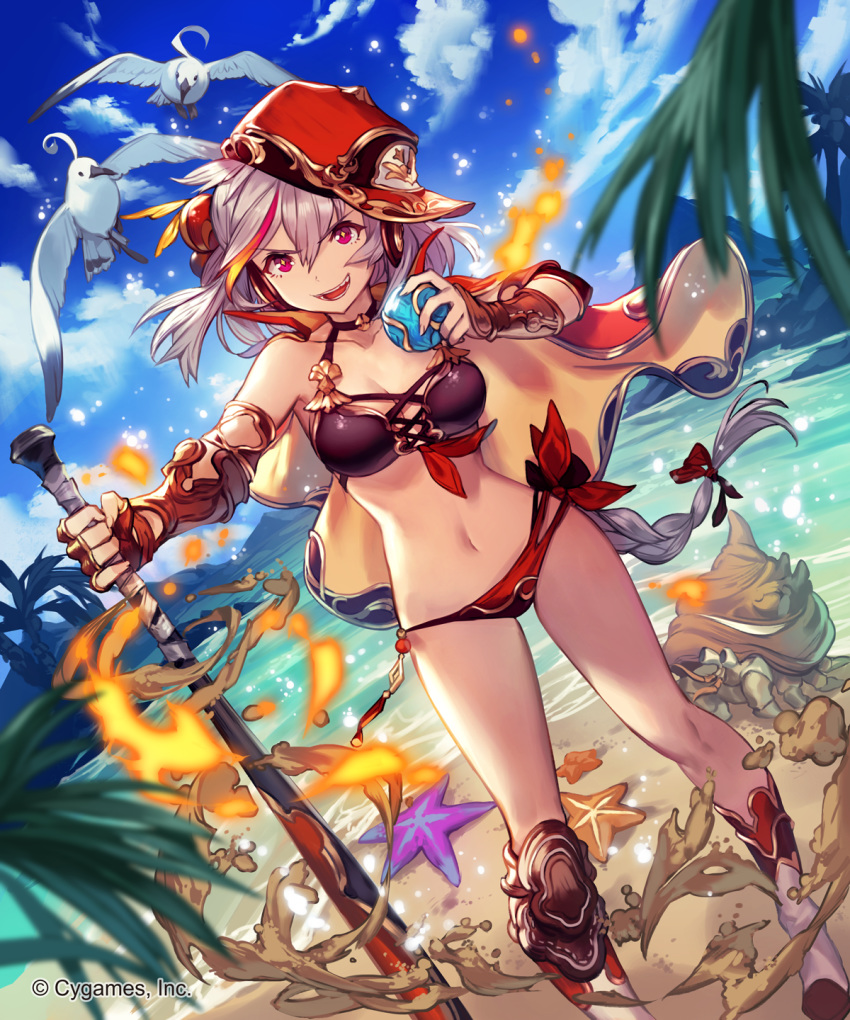 :d animal bare_shoulders baseball baseball_bat baseball_cap beach beach_chair bikini bird blue_sky blurry blurry_foreground boots bracer braid breasts cape character_request cleavage cloud cloudy_sky day depth_of_field dutch_angle fire gauntlets grey_hair hair_between_eyes hand_up hat hermit_crab highres holding large_breasts lee_hyeseung long_hair looking_at_viewer multicolored multicolored_cape multicolored_clothes navel ocean official_art open_mouth outdoors oversized_animal red_bikini red_eyes red_hat sand seagull shingeki_no_bahamut side-tie_bikini sideways_hat single_braid sky smile solo standing summer swimsuit very_long_hair watermark
