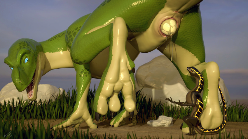 2018 3d_(artwork) anus butt detailed_background digital_media_(artwork) dinosaur dragon duo egg female hi_res jinnoaka larger_female looking_back male male/female outside oviposition paws presenting presenting_hindquarters presenting_pussy pussy scalie size_difference theropod verde whiteperson