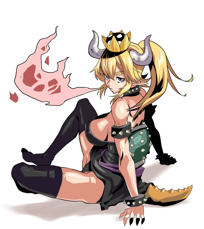 absurdres arm_support armlet arms_behind_back back bangs bare_shoulders black_collar black_dress black_legwear black_leotard blonde_hair blue_eyes bowsette bracelet breasts breathing_fire chinese_commentary collar commentary_request covered_nipples crown dress eyebrows fingernails fire full_body ga320aaa highres horns jewelry knee_up large_breasts legs leotard long_hair looking_at_viewer mario_(series) new_super_mario_bros._u_deluxe parted_lips pointy_ears ponytail sharp_fingernails shell shoulder_blades sideboob sidelocks simple_background sitting solo spiked_bracelet spiked_collar spiked_shell spiked_tail spikes strapless strapless_dress super_crown tail thighhighs thighs turtle_shell white_background