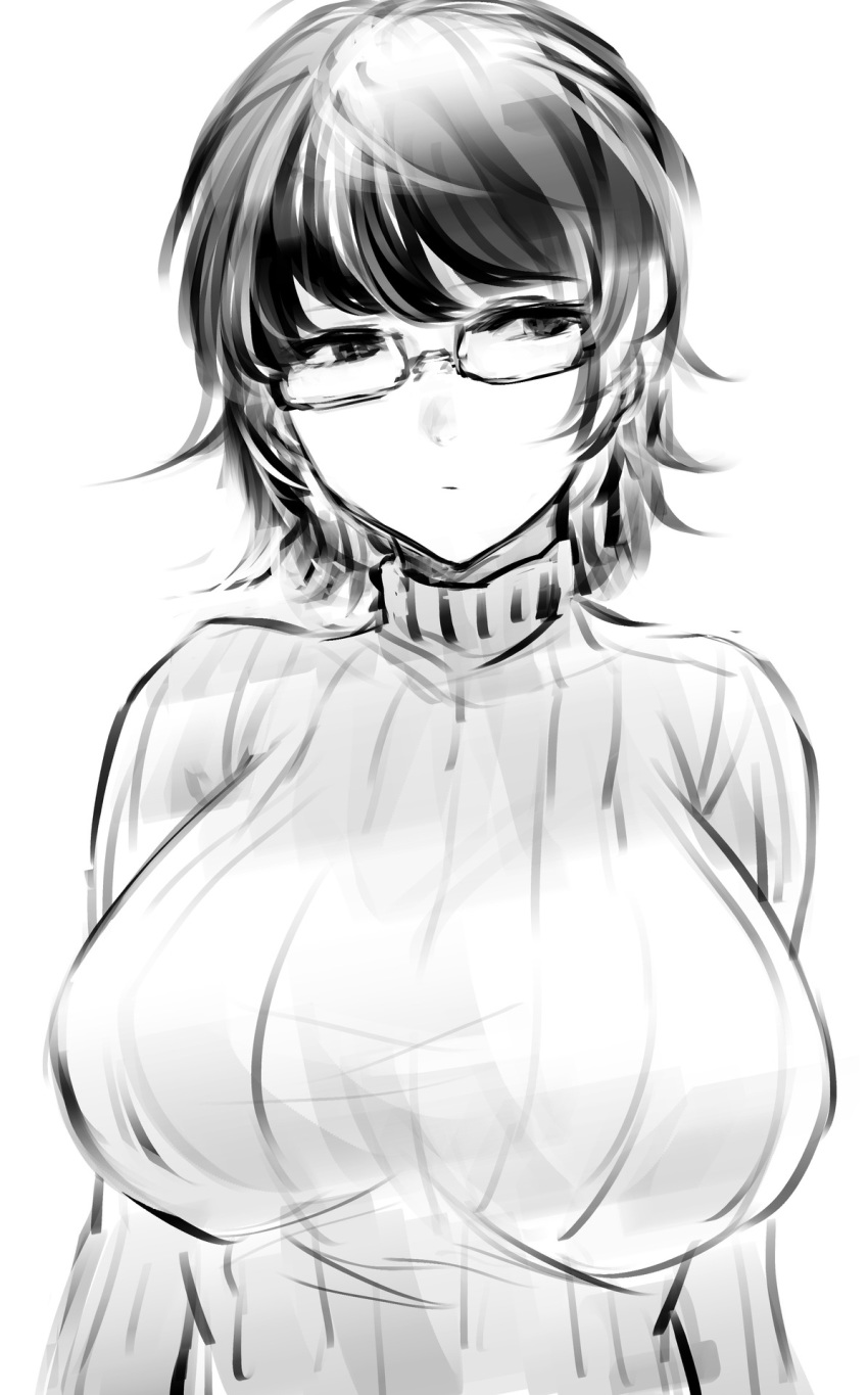 breasts closed_mouth glasses head_tilt highres hometa huge_breasts long_sleeves looking_away original ribbed_sweater short_hair sketch solo sweater