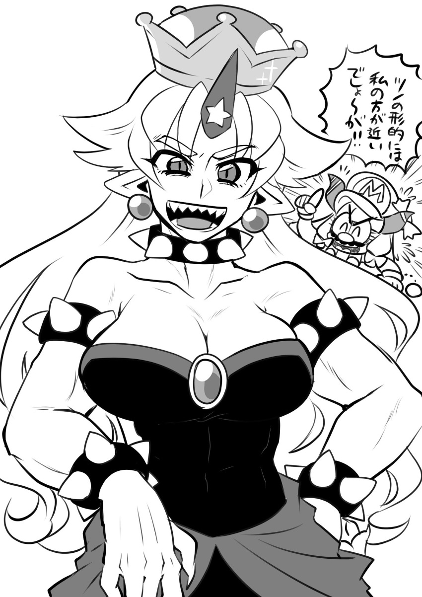 bare_shoulders bowsette bowsette_(cosplay) bracelet breasts cleavage collar collarbone commentary cosplay cowboy_shot crown dress eyebrows_visible_through_hair greyscale hand_on_hip highres horn horns hoshiguma_yuugi ibuki_suika jewelry lineart long_hair looking_at_viewer mario_(series) medium_breasts monochrome multiple_girls muscle muscular_female new_super_mario_bros._u_deluxe sharp_teeth shinokazu_(onsen-neko) slit_pupils solo_focus spiked_bracelet spiked_collar spikes star strapless strapless_dress super_crown super_mario-kun teeth touhou translated very_long_hair