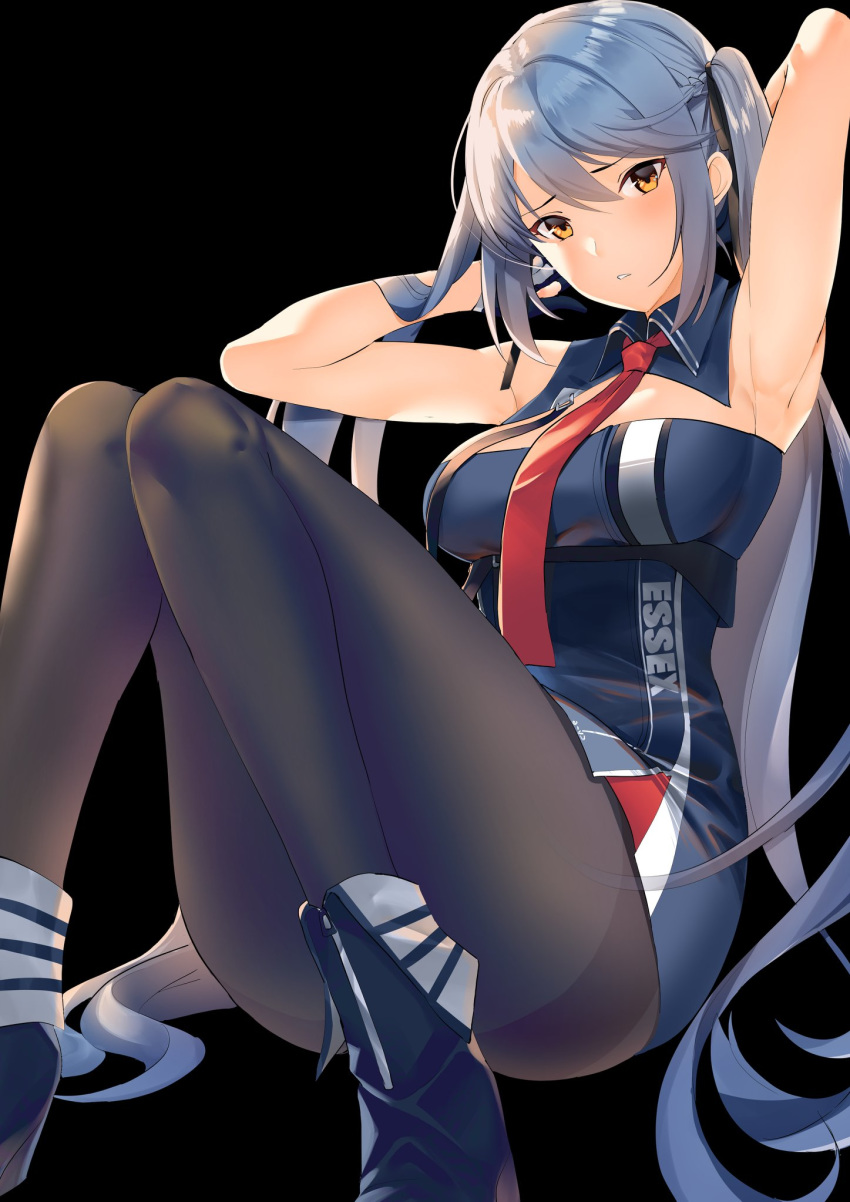armpits arms_behind_head azur_lane bangs bare_shoulders black_legwear black_ribbon blue_dress blue_footwear blue_gloves blue_hair blush braid breasts character_name cleavage collared_dress commentary dress essex_(azur_lane) eyebrows_visible_through_hair french_braid furrowed_eyebrows gloves hair_ribbon hair_spread_out hands_up highres holding holding_hair jun_project knees_together_feet_apart looking_at_viewer medium_breasts necktie no_cloak pantyhose parted_lips partly_fingerless_gloves red_neckwear revision ribbon short_dress sitting sleeveless solo twintails underbust yellow_eyes