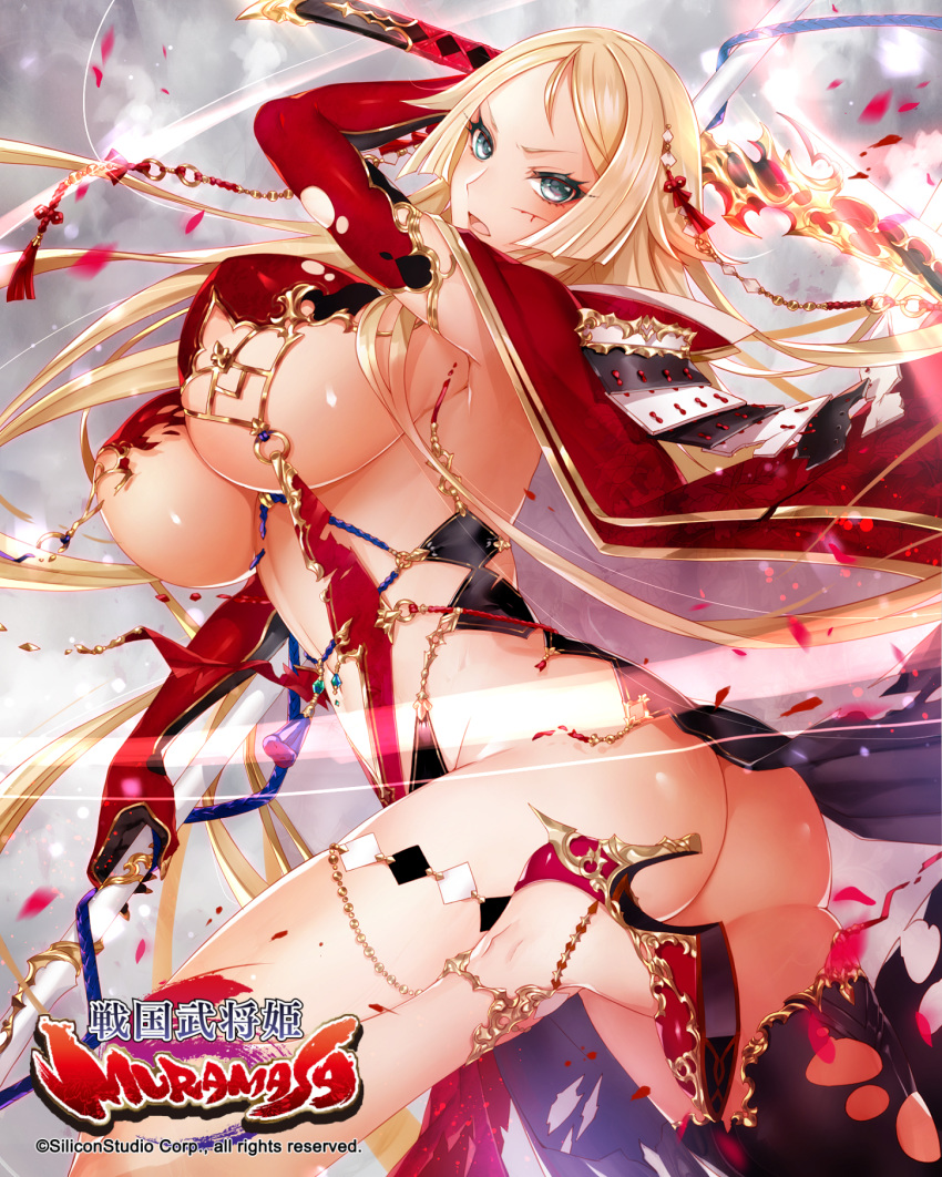 apt arched_back ass blonde_hair blue_eyes breasts character_request commentary_request elbow_gloves gloves groin high_heels highres huge_breasts katana long_hair looking_at_viewer midriff navel official_art red_gloves revealing_clothes scar sengoku_bushouki_muramasa solo sword thighs very_long_hair weapon