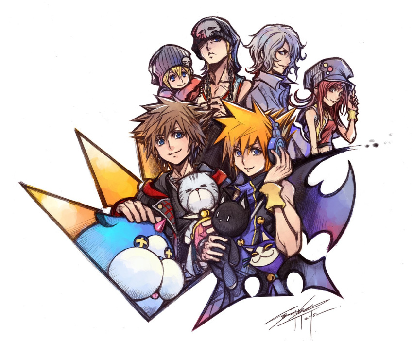 4boys beanie bitou_daisukenojou bitou_raimu blonde_hair cat chirithy commentary_request company_connection crossover dream_eater grey_hair hat headphones highres hood hoodie kingdom_hearts kingdom_hearts_iii kiryuu_yoshiya looking_at_viewer misaki_shiki mr._mew multiple_boys multiple_girls nomura_tetsuya open_collar orange_hair red_hair sakuraba_neku serious sleeveless smile sora_(kingdom_hearts) spiked_hair square_enix subarashiki_kono_sekai upper_body