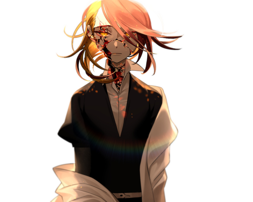 androgynous asymmetrical_hair blonde_hair broken cao_hong_anh cracked expressionless gem gem_uniform_(houseki_no_kuni) glowing glowing_hair hair_over_one_eye houseki_no_kuni labcoat looking_at_viewer multicolored_hair off_shoulder red_hair rutile_(houseki_no_kuni) short_hair solo two-tone_hair upper_body white_background yellow_eyes