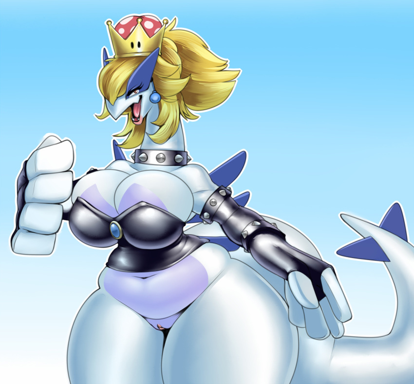 anthro bbd big_breasts blonde_hair bottomless breasts clothed clothing collar cosplay crown female hair huge_breasts legendary_pok&eacute;mon looking_at_viewer lugia nintendo overweight overweight_female pok&eacute;mon pok&eacute;mon_(species) pussy rubber solo standing super_crown thick_thighs tongue video_games voluptuous wide_hips