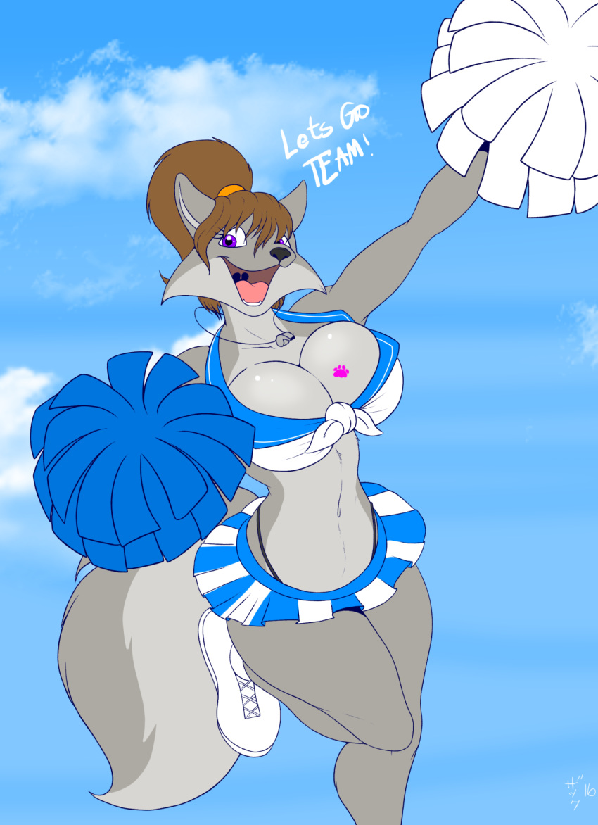 anthro big_breasts breasts canine cheerleader chloe_shiwulf cleavage clothed clothing female fur hi_res mammal midriff navel outside pom_poms purple_eyes skimpy skirt sneakers solo thong tied_shirt whistle wolf zp92