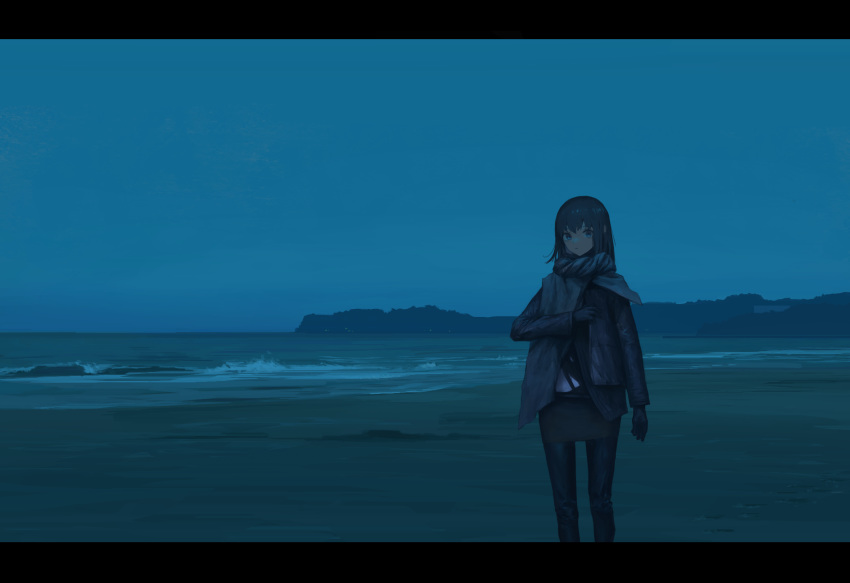 bad_id bad_pixiv_id beach black_gloves blue_eyes blue_hair closed_mouth eyebrows_visible_through_hair gloves highres letterboxed long_hair looking_at_viewer night original outdoors peke_(shadow105) solo standing