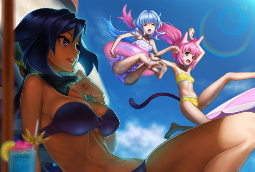 &gt;_o animal_ears armpits arms_up ass ayame_(gundam_build_divers) bare_shoulders barefoot bikini black_hair blue_hair breasts casual_one-piece_swimsuit cat_ears cat_tail cleavage closed_eyes cloud commentary_request cup day drinking_glass fangs feet food fruit green_eyes gundam gundam_build_divers hair_intakes innertube jumping kyodairobo large_breasts leaning_back legs lemon long_hair momo_(gundam_build_divers) multiple_girls one-piece_swimsuit one_eye_closed open_mouth outdoors paw_pose pink_hair ponytail purple_bikini purple_eyes purple_swimsuit sara_(gundam_build_divers) sitting sky small_breasts smile soles strapless strapless_bikini swimsuit swimsuit_skirt tail toes yashiro_momoka yellow_bikini yellow_swimsuit