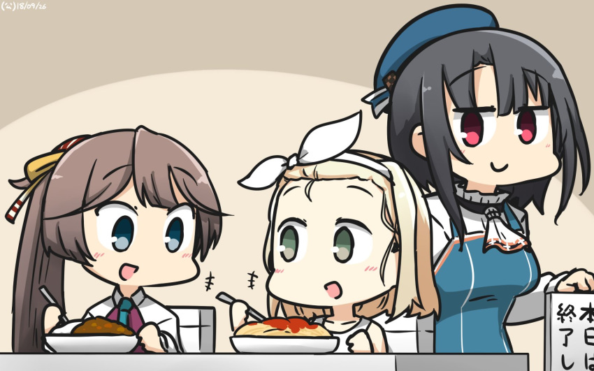 3girls :d adapted_costume apron beret black_hair blonde_hair blue_apron blue_eyes blue_hat blush brown_eyes brown_hair collarbone commentary_request curry dated food hairband hamu_koutarou hat highres holding holding_spoon i-504_(kantai_collection) kantai_collection kazagumo_(kantai_collection) long_hair luigi_torelli_(kantai_collection) multiple_girls open_mouth pasta ponytail red_eyes short_hair smile spoon takao_(kantai_collection) translation_request white_hairband