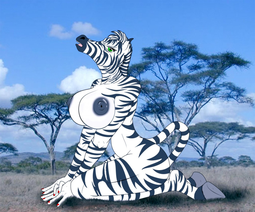 anthro areola big_areola big_breasts black_fur black_stripes breasts cloud colored_nails equine female fur grass green_eyes hooves kneeling looking_at_viewer mammal multicolored_fur nipples open_mouth outside photo_background side_boob side_view sky solo stripes tree two_tone_fur white_fur zebra zp92