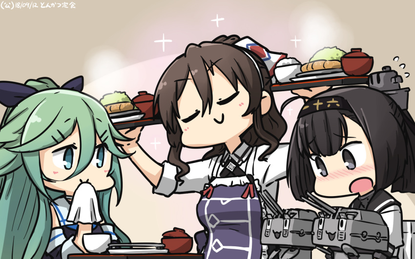 :3 ahoge akizuki_(kantai_collection) apron aqua_eyes ashigara_(kantai_collection) bangs bare_shoulders blush bowl brown_hair carrying chou-10cm-hou-chan closed_eyes closed_mouth commentary_request dated detached_sleeves embarrassed flying_sweatdrops food green_hair hair_between_eyes hair_ribbon hairband hamu_koutarou highres kantai_collection long_hair multiple_girls napkin open_mouth plate ponytail purple_apron ribbon rice school_uniform serafuku short_hair sleeves_rolled_up smile sparkle translation_request tray very_long_hair yamakaze_(kantai_collection)