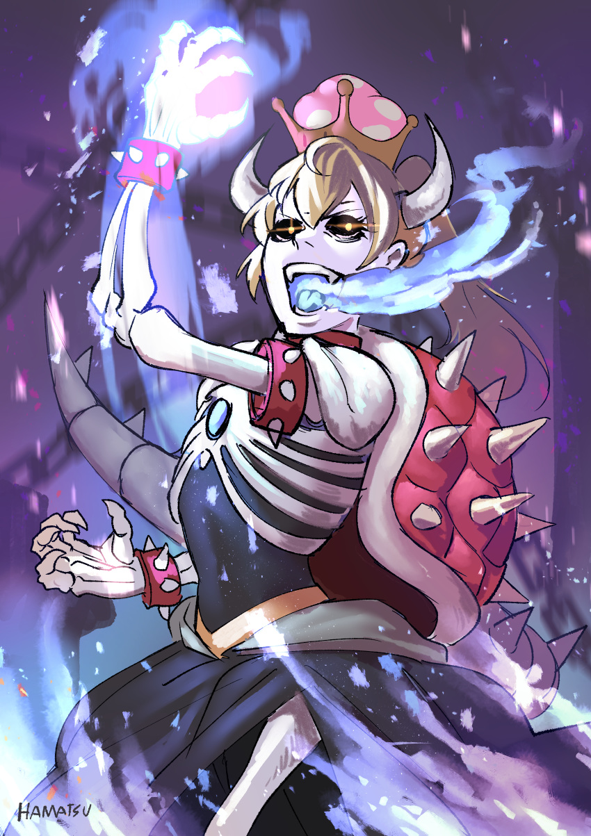 absurdres armlet black_dress black_sclera blonde_hair blue_fire bowsette bracelet burning_hand burning_mouth collar cowboy_shot crown dress dry_bowser evil_smile fire glowing glowing_eyes hamatsu hand_up highres horns huge_filesize jewelry long_hair mario_(series) new_super_mario_bros._u_deluxe open_mouth personification ponytail side_slit skeleton smile solo spiked_armlet spiked_bracelet spiked_shell spikes standing strapless strapless_dress super_crown turtle_shell yellow_eyes