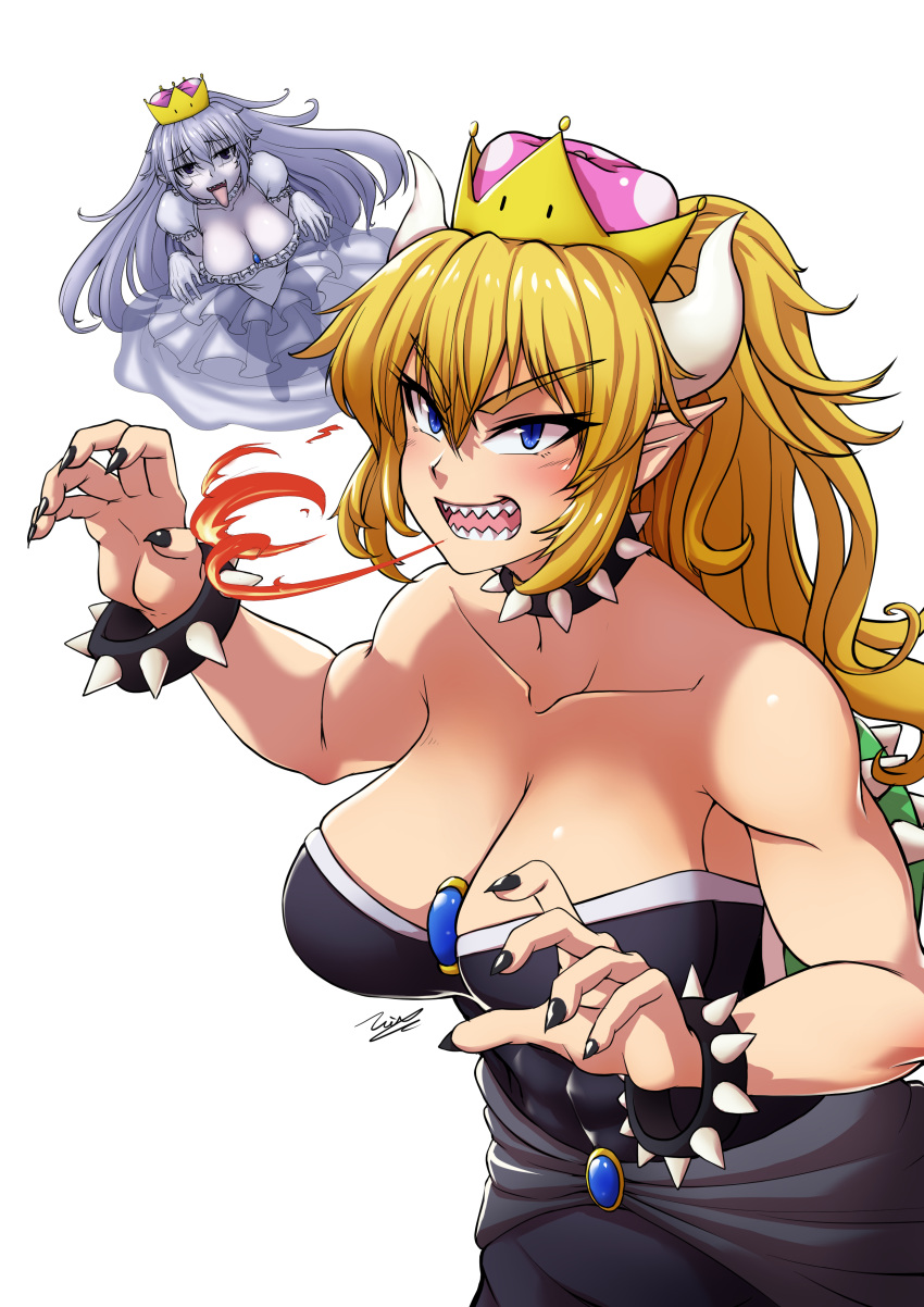 absurdres armlet black_eyes black_nails blonde_hair blue_eyes bowsette bracelet breasts chanakim cleavage collar collarbone commentary_request crown dress eyebrows_visible_through_hair gloves highres horns jewelry large_breasts long_hair looking_at_viewer luigi's_mansion mario_(series) multiple_girls nail_polish new_super_mario_bros._u_deluxe pale_skin pointy_ears ponytail princess_king_boo puffy_short_sleeves puffy_sleeves sharp_teeth short_sleeves signature simple_background spiked_armlet spiked_bracelet spiked_collar spikes super_crown teeth tongue tongue_out white_background white_dress white_gloves