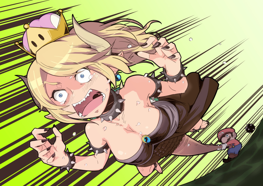 1girl barefoot blonde_hair blue_eyes bowsette bracelet breasts cleavage collar commentary_request constricted_pupils crown crying crying_with_eyes_open d: dress fingernails foreshortening full_body gloves gratin-dori hat highres horns jewelry large_breasts lizard_tail mario mario_(series) nail_polish new_super_mario_bros._u_deluxe open_mouth overalls pointy_ears scared sharp_fingernails sharp_teeth shell spiked_armlet spiked_bracelet spiked_collar spiked_shell spiked_tail spikes super_crown super_mario_64 sweat swinging tail tail_grab tears teeth uvula