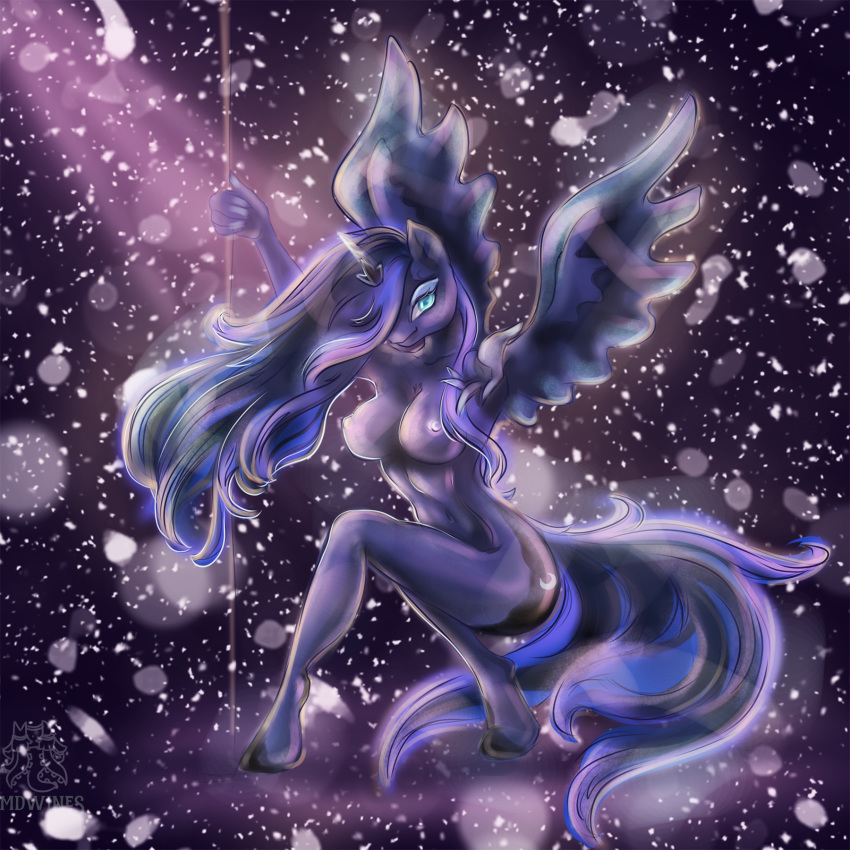 abstract_background anthro anthrofied big_breasts biped blue_eyes breasts crouching cutie_mark dancing digital_media_(artwork) equine female friendship_is_magic hair hair_over_eye hi_res horn horse humanoid looking_at_viewer mammal mdwines my_little_pony navel nipples nude pole pole_dancing pony princess princess_luna_(mlp) purple_hair purple_skin royalty simple_background smile solo stripper stripper_pole winged_unicorn wings