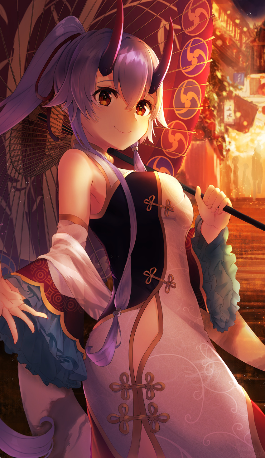 bangs blush breasts brown_eyes building china_dress chinese_clothes closed_mouth commentary_request detached_sleeves dress eyebrows_visible_through_hair fate/grand_order fate_(series) fingernails hair_between_eyes hair_ornament hair_ribbon heroic_spirit_traveling_outfit high_ponytail highres holding holding_umbrella horns large_breasts long_hair long_sleeves looking_at_viewer looking_to_the_side omelet_tomato oni oni_horns oriental_umbrella outdoors ponytail red_ribbon red_umbrella ribbon see-through sidelocks sleeveless sleeveless_dress smile solo stairs tomoe_gozen_(fate/grand_order) umbrella very_long_hair white_dress wide_sleeves