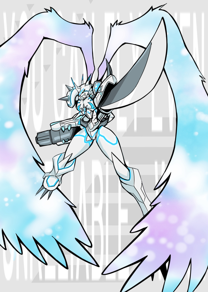 absurdres angel_wings arm_blade arm_cannon armor blue_eyes cape commentary digimon digimon_adventure digimon_adventure_tri. glowing helmet highres horns katana no_humans omegamon omegamon_merciful_mode spikes sword translation_request weapon white_wings wings