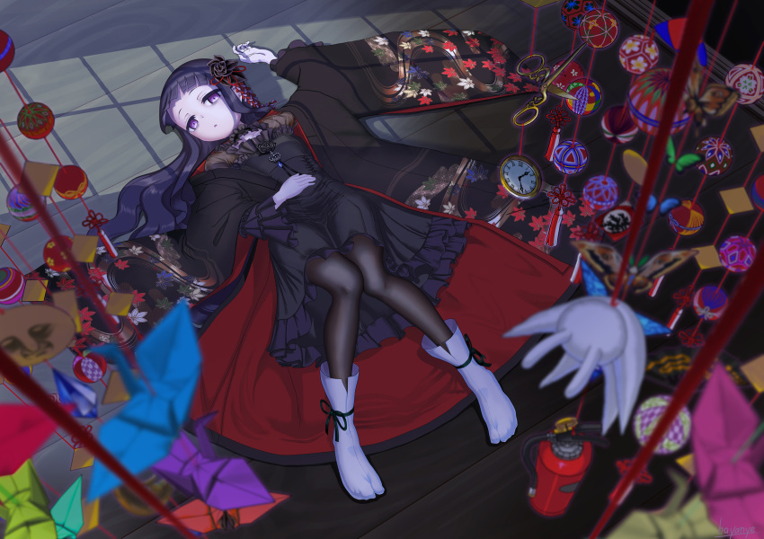 alternate_costume black_dress black_flower black_hair black_legwear black_rose blurry choker clock collarbone depth_of_field dress fire_extinguisher flower frilled_choker frills from_above furisode hair_ornament hand_on_own_stomach hardgore_alice hayanye highres japanese_clothes kanzashi kimono knees_together_feet_apart leaf_print long_hair long_sleeves looking_at_viewer lying mahou_shoujo_ikusei_keikaku maple_leaf_print on_back on_floor open_clothes open_kimono origami pale_skin pantyhose paper_balloon paper_crane parted_lips purple_eyes roman_numerals rose scissors silhouette solo tabi tsumami_kanzashi very_long_hair wooden_floor